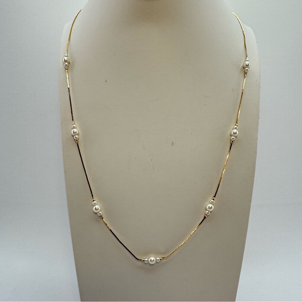 Avon Gold Tone Pearl Station Necklace 24” Minimalist Classic